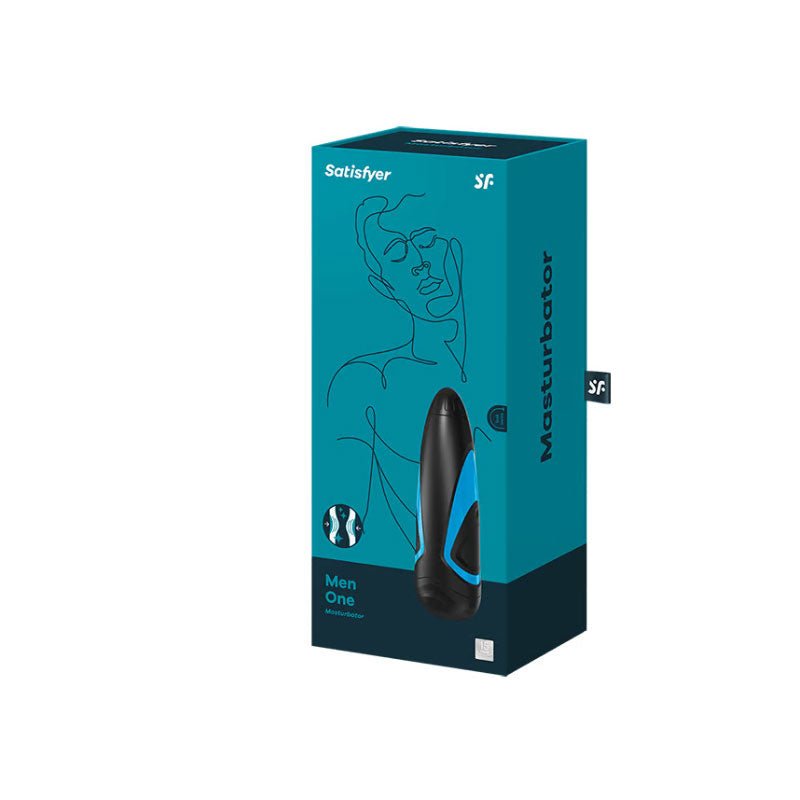 Side view of the Satisfyer Men One male masturbator packaging, on a clean white background | Flirty Bay adult store Perth